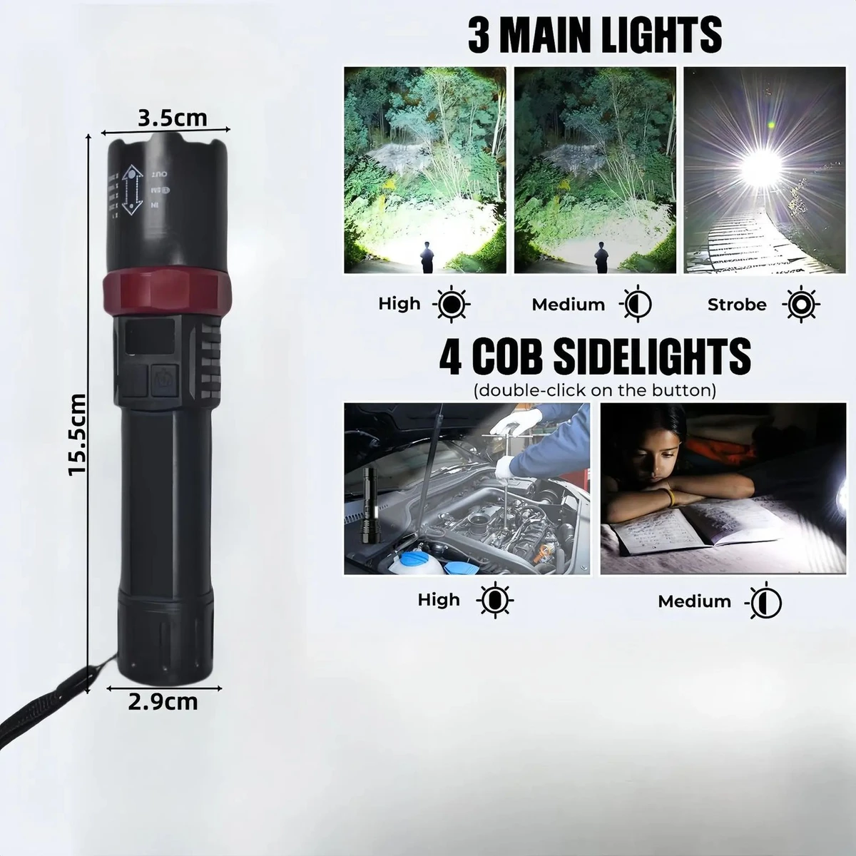 USB Rechargeable Digital Power Display White Laser Flashlight